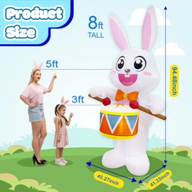 OurWarm 8FT Easter Inflatables Outdoor Decorations, Drumming Inflatable Easter Bunny Decor with Built-in LED Lights, Easter Bunny Blow up Inflatable for Outside Garden Lawn Holiday Party Yard Decor