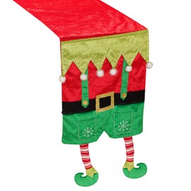 72'' Christmas Elf Table Runner with Plush Candy Stripe Legs for Indoor/Outdoor Xmas Dining Decoration, Soft Santa Elves Dinner Tablecloth Cover Décor for Themed Holiday Home Kitchen