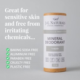 J&L Naturals Mineral Deodorant | Baking Soda-Free, 100% Natural, Sustainable Skin Care | Sensitive Deodorant For Women & Men | Aluminum Free, Vegan, Cruelty-Free (Naked, 3 Oz (Pack of 4))
