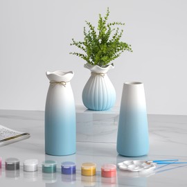 OERGKE Ceramic Vase of 3 Pcs, DIY Vase Set, Modern Boho Small vases for Flowers for Home Living Room Office Farmhouse Decor Dining Table Bedroom Table and Kitchen Shelf (Blue)