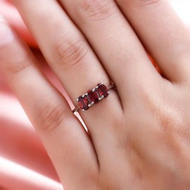 TJC Garnet Trilogy Ring for Women in Platinum Plated 925 Sterling Silver Size N Prong Setting January Birthstone Metal Wt. 1.1 Grams