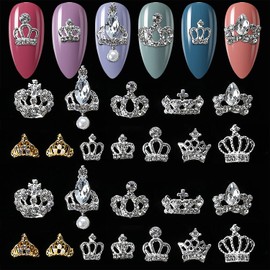 SILPECWEE 24pcs Crown Nail Charms 3D Silver Gold Nail Jewels Curve Nail Rhinestone Crystal Gems Hollow Nail Studs Charms for Nails Alloy Nail Decorations DIY Nail Art Accessories