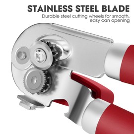 Manual Can Opener, UHIYEE Premium Can Opener Without Sharp Edges, Manual Can Opener Made of Stainless Steel with Multifunctional Bottle Opener, Red