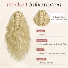SOFEIYAN Ponytail Extension, 16 inch Claw Clip Ponytail Extension Wavy Curly Ponytails Synthetic Pony Tails Hair Extensions Natural Fake Hairpiece for Women - Beige Blonde Mix Blonde