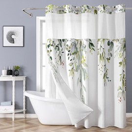 Shellspace No Hook 3 in 1 Shower Curtain with Snap in Liner, Green Leaves Flower Shower Curtain Set with See Through Top Window, Machine Washable Waterproof Polyester Fabric Bath Curtain, 71 x 74 in