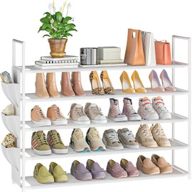 OYREL 5 Tier Shoe Organizer, 33.3in Wide x 11.2in Deep x 35.6in Tall, Black Metal and Plastic Shoe Rack with Side Bag, Holds 20-25 Pairs of Shoes