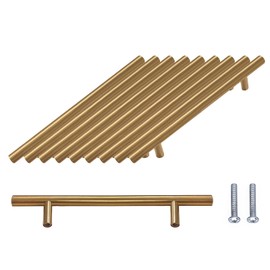 SPDYCESS Pack of 10 T Bar Handles, Brushed Cabinet Door Handles Hardware Stainless Steel for Kitchen Cupboards Drawer Pull Handle Hole Centres 128 mm Gold