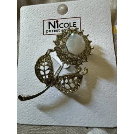 Nicole Rose Petal W/White Rhinestones Silver Plated Brooch