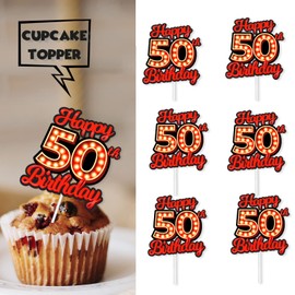 18pcs Happy 50th Birthday Dessert Cupcake Topper Fluorescent Flashing Night Out Hen Movie Nightclub Theme Decor Supplies Men Women Happy Birthday Party Decorations Red Glitter