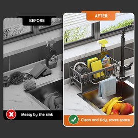 BRYN Sink Organiser, Carbon Steel Sponge Holder Kitchen with Dish Cloth Holder, Kitchen Sink Organiser with Drain Pan, for Kitchen Accessories, Sponge, Brush, Dish Soap, Bathroom (Black)