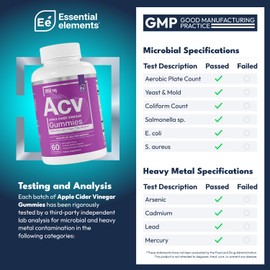 Essential Elements Apple Cider Vinegar Gummies from The Mother - Naturally-Sourced, Vegan ACV with Folic Acid and Vitamin B6 & B12 60 Count