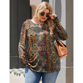 IN'VOLAND Plus Size Shirts Womens Tunic Tops Long Sleeve Boho T-Shirts Crewneck Fall Dressy Casual Blouse Loose Fit Shirts 3X