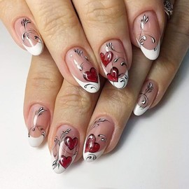 24Pcs Heart Press on Nails Short Almond Fake Nails Valentines Press ons Red Glitter Heart Design Glue on Nails White French Tip Acrylic Nails Retro Style Artificial False Nails for Women Manicure