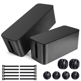 Cable Management Box, 2 Pack Large & Medium Cable Organizer Box with 17 PCS Cable Management Set, Cord Organizer Box to Hide Surge Protector on Desk or Floor (Black)