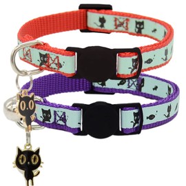 2 Pack Glow in The Dark Cat Collar with Bell Breakaway Safety Cat Puppy Collars with Pendant Red and Purple