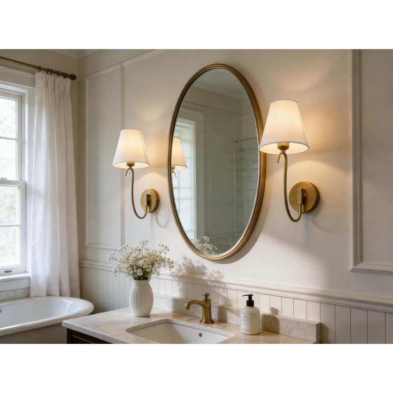 PERMO Antique Goose-Neck Wall Sconce with White Fabric Shade Hardwired