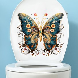 Vintage lace Butterfly Flower Toilet Cover Sticker Decals,Fish Bird Flower Leaf Waterproof Toilet Lid Tank Seat Decals Cistern Self-Adhesive Bathroom Wall Sticker