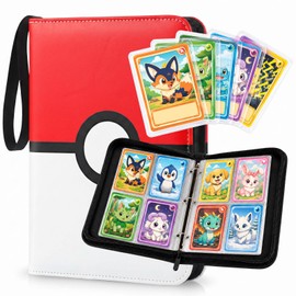 1 Large Capacity Trading Card Binder, 4-Pocket Card Holder with 50 Removable Sleeves for 400 Game & Sports Cards, Plastic Zipper Album（Red）