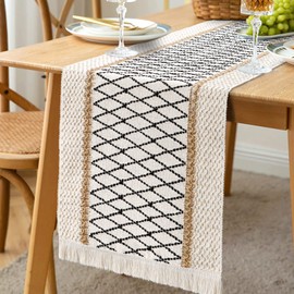 LOMOHOO Macrame Table Runner 94 Inch Beige Boho Table Runner with Tassels Hand Woven Cotton and Hessian Splicing Table Runner Rustic Farmhouse Table Runner for Bohemian Kitchens