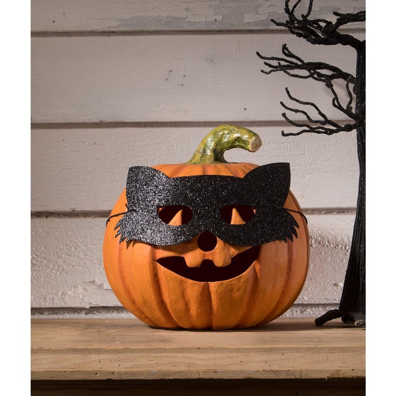 Bethany Lowe Cat Masquerade Pumpkin Jack-O-Lantern, Paper, Orange