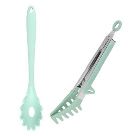 GUDGI - Juego de pinzas de silicona para pasta y cuchara de espagueti con dientes de silicona antideslizantes, cuchara de 12 pulgadas y pinzas de 9.8 pulgadas, utensilios de cocina resistentes al
