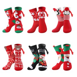HIULLEN Magnetic Christmas Socks, 6 Pairs of Hand in Hand Socks, Christmas Socks, Magnetic Arms, Funny Magnetic Suction 3D Doll Couple, Christmas Gift for Family, Lover, Friend, red
