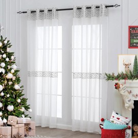 L.Z.E - Juego de 2 paneles de cortinas transparentes blancas de 108 pulgadas de largo, elegantes cortinas estampadas plateadas para sala de estar, recámara, comedor, cortinas de ventana con ojales