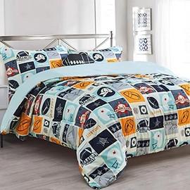 Sapphire Home 8 Piece Sports Squares Queen Bedding Set for Boys, Bed in a Bag, Kids Comforter Set with Bed Sheets, Pillow Case, Toy Pillow, Toddler Bedroom Kit, Sports Room Decor for Boys, Queen Size