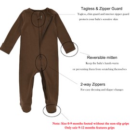 Aablexema Baby Pajamas with Feet and Mittens 2-Pack Zip Up Infant Cotton Long Sleeve Footies Sleep and Play (Olive & Coffee,3-6m)