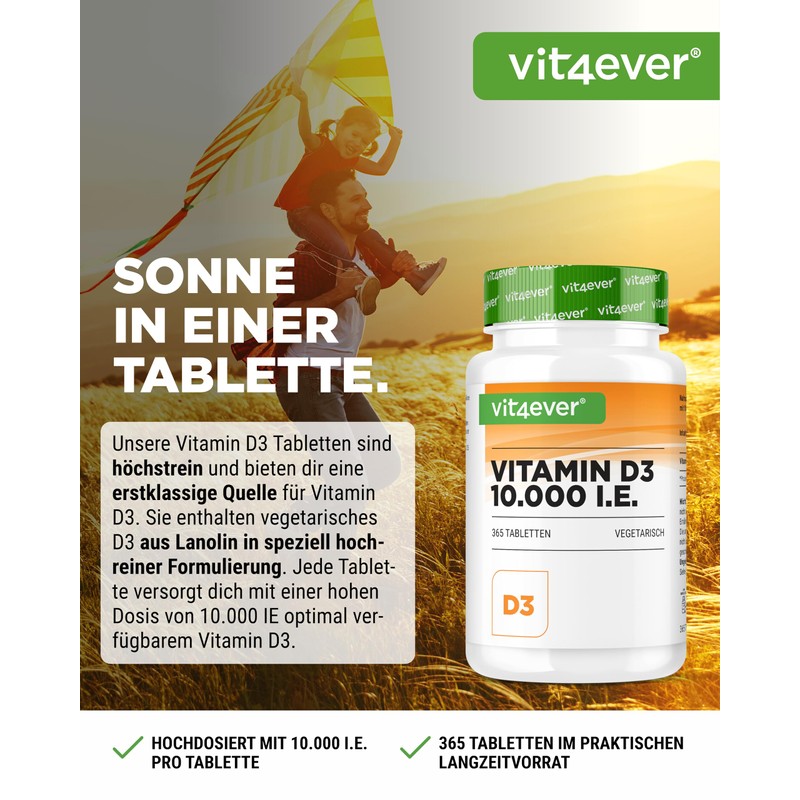 Vitamin D3 10.000 IU 365 Tablets, High Dosage, Daily Dose