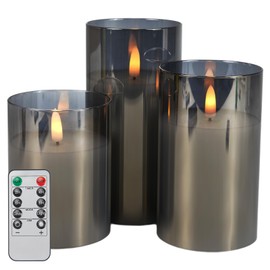Tzgckui Smoky Gray Glass Flickering Flameless LED Candles with 10-Key Remote and Timer,4", 5", 6" x 3" Pillar Battery Operated Candles for Home Decoration(Set of 3)