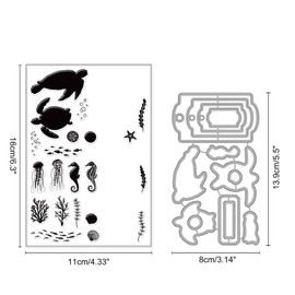 INFUNLY Sea Cutting Die and Stamp Set Sea Animal Clear Stamps and Dies for Card Making Sea Turtle Rubber Stamp Hippocampus Seaweed Jellyfish Rubber Stamps for Crafting Paper DIY Scrapbooking Decor