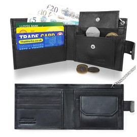 Woodland Leathers RFID Blocking Mens Wallets - Genuine Leather Wallets for Men with Secure Chain, RFID Protected and Coin Pocket, Biker-Style Black Wallet, Perfect Gifts for Men (Chain Wallet, Black)