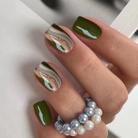 24 Pcs French Tip Press on Nails Medium Square False Nails Glitter Marble Style Full Cover Glue on Nails Bling Fake Nails Acrylic Coffin Nails Stick on Nails for Exquisite Women DIY, Green Ripple