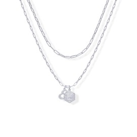 PAVOI Rhodium Plated Initial Letter Pendant Layered Necklace for Women - Alphabet Letter Statement Layering Necklace - Letter E, White Gold, Cubic Zirconia