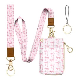 bolimoss Cute Pink Bow Lanyard Wallet, 2-in-1 ID Badge Holder & Leather Credit Card Holders, Women Zippered Coin Pouch with Removable Wristlet & Neck Lanyard, Clear Window, 5 Card Slots, Ring Keychain