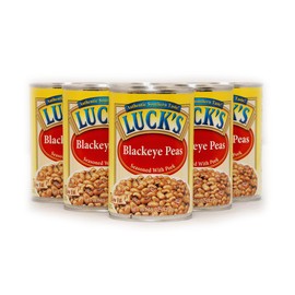 Lucks Blackeye Peas, Six pack of 15 Ounce cans, Blackeyed Peas with a Rich Thick Sauce Seasoned in Pork. JFS Recipe Card Included