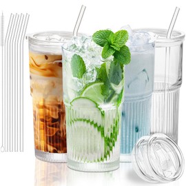 Luiaiog 18.5oz Glass Cups with Lids and Straws - Set of 4 Reusable Tumblers, Thickened Shatter-Resistant Glass, Ideal for Iced Coffee, Smoothies, Cocktails, Juices - Elegant & Durable Drinkware