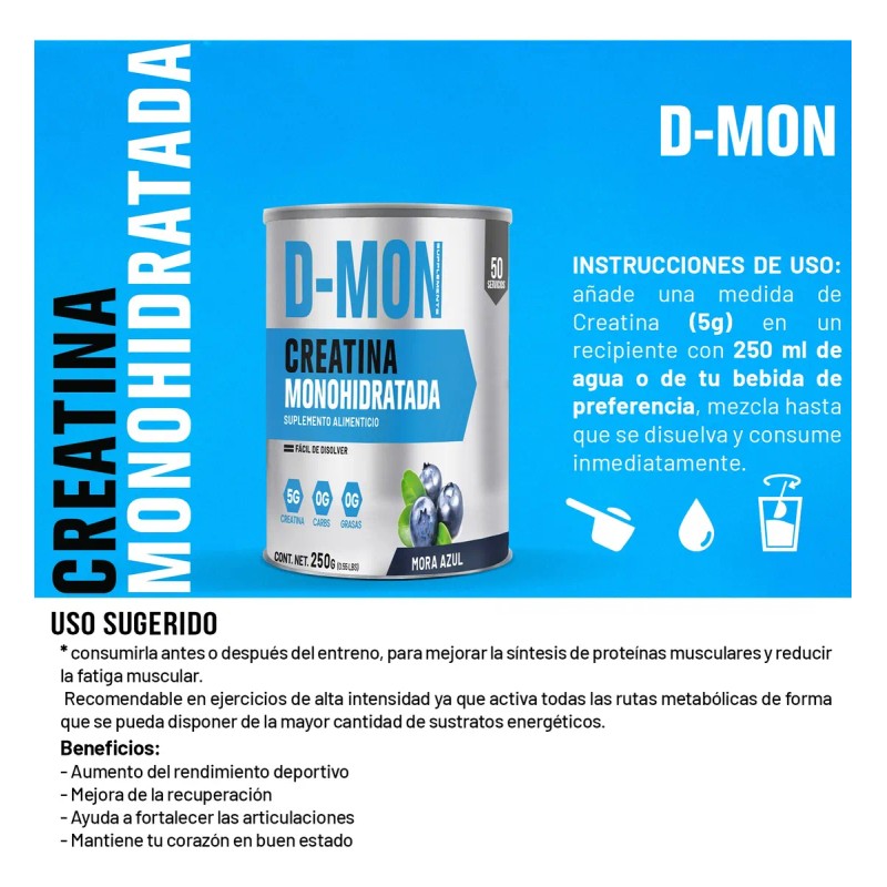 Creatina Monohidratada 250g D-mon Varios Sabores Mora Azul