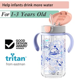 Evorie Tritan Spill Proof Toddler Straw Sippy Cup, 10 oz for Baby and Toddlers 1-3 Years Old, No Spill Straw Water Bottle with Removable Handles, Ideal for School, BPA-Free, Travel in Space