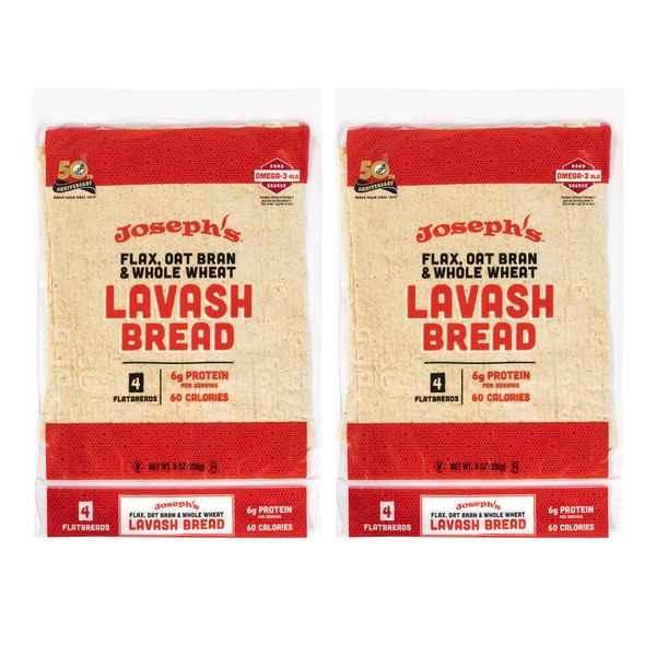 Joseph's Lavash Bread Value 2-Pack, Flax Oat Bran & Whole Wheat, Reduced Carb, Fresh Baked (4 Flatbreads per Pack, 8 Total)
