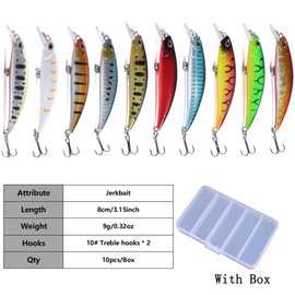 LURESMEOW Jerkbait Fishing Lures Jerk Baits for Bass Fishing Jerk Bait Minnow Lures with Tackle Box for Freshwater Saltwater,10pcs