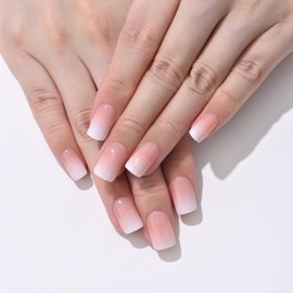 Short Oval Press On Nails, Light Nude White Ombre Soft Gel Nails, Natural Reusable Stick On Nail in 15 Sizes - 30 Fake Nail Kit, Silken Fade
