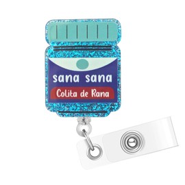 Blue Glitter Nurse Badge Reel with ID Clip, Sana Sana Colita De Rana Cute Badge Reel Retractable ID Tag Card Holder Clip, Funny Badge Reel for Nurse Student Teacher Doctor Medical Assistant