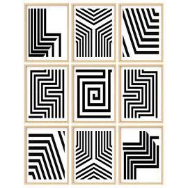 Framed Wall Art Collage Print Gallery Set, Geometric Maze Line Art Abstract Shapes Digital Art Modern Art Dramatic Dark Black and White for Bedroom, Living Room, Office - 8"x 10"x 9 Natural