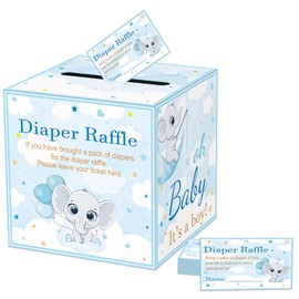 QISOLIY 50 Pieces Diaper Raffle Tickets with Box Baby Shower Game Invitations Diaper Raffle Cards Diaper Raffle Box Set for Baby Shower Gender Reveal Party Supplies Card Box (Baby Elephant)
