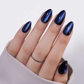 VSALON Press on Nails Short Almond - Blue Cat Eye Chrome Glue On Nails Kit for Women, Reusable Opaque Gel Stick on Nails with Glue & Cuticle Oil - 32 PCS Fake Nails in 16 Sizes (Tear Of The Sea)