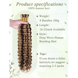 KULYMUWIG Ombre Human Braiding Hair 18 Inch 100 g 4 Bundles Deep Wave Bulk Human Hair for Boho Braiding 10A P4/27 Highlight Wet and Wavy Honey Blonde Curly Human Hair Extensions