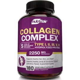 NUTRIFLAIR COLLAGEN COMPLEX 2250mg Type I, II, III, V, X Hair Skin Nails 180 Cap