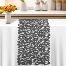 Grey Felt Wedding Table Runner 102 x 29 cm, Washable Tablecloth Mats with Vintage Hollow Floral Design, Heat-Resistant Rectangle Placemats for Party, Coffee Cup, Dining, Kitchen, Room, Home Decoration